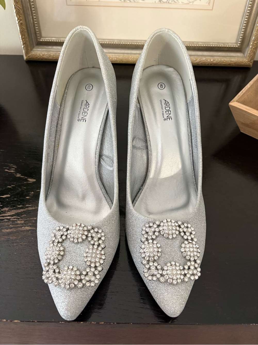 Ardene Silver Glitter Pointed Toe Pumps with Crystal Buckle